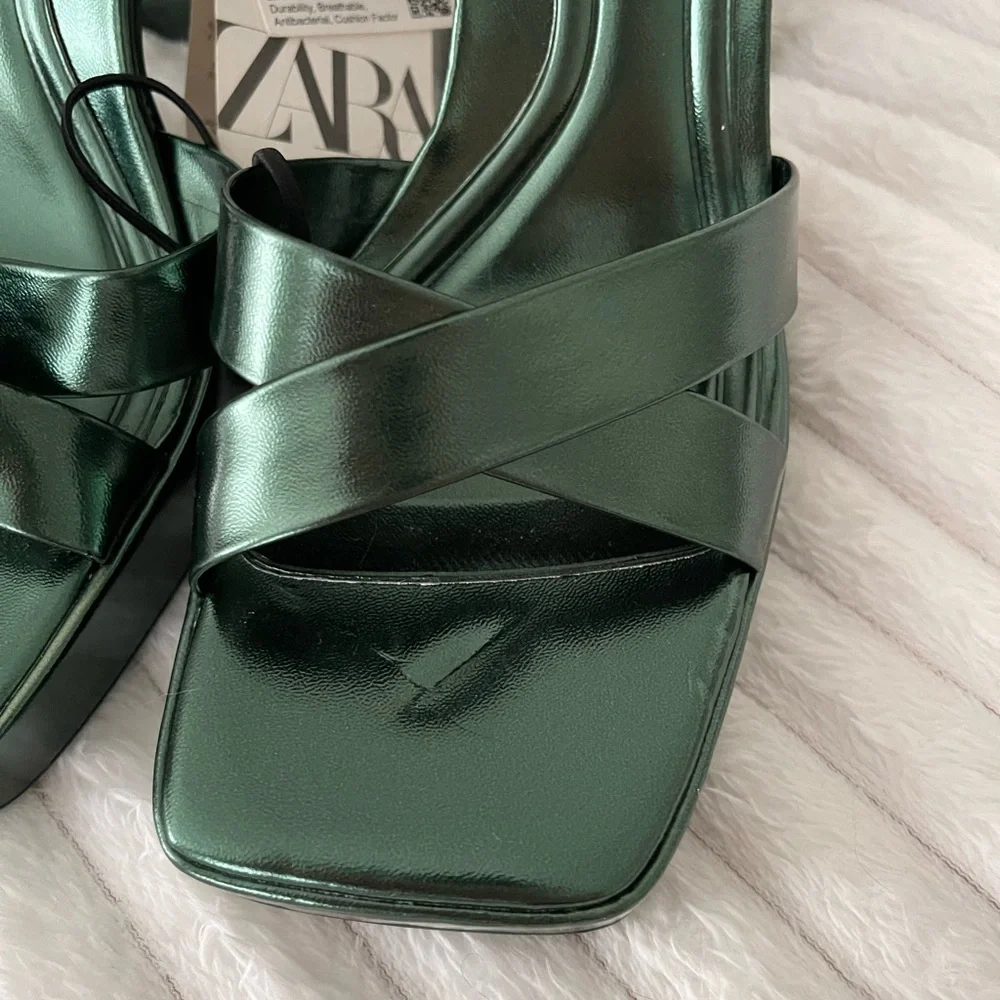 Zara Emerald Green Ankle Strap Platform Sandals - Picture 6 of 11